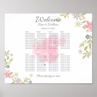 Poster Paysage fleuri coloré Mariage 8 places assises
