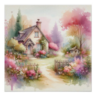Poster Paysage floral de cottage rustique à la campagne a