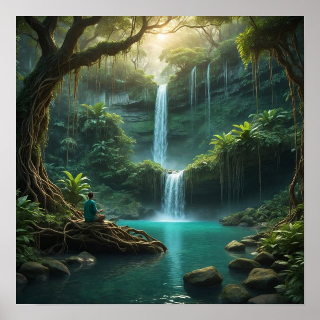 Poster Paysage forestier avec cascade (Devant)