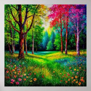 Poster Paysage forestier coloré avec des arbres vibrants
