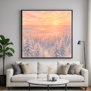 Poster Paysage forestier hivernal au coucher du soleil - 