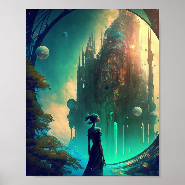 Poster Paysage futuriste du château d'Imaginaire (Devant)