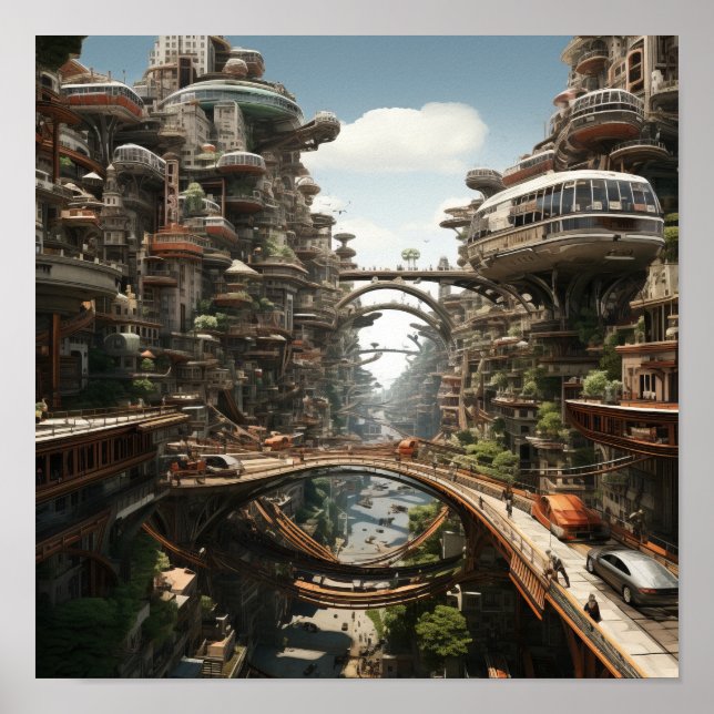 Poster Paysage futuriste : voitures volantes et motos | (Devant)
