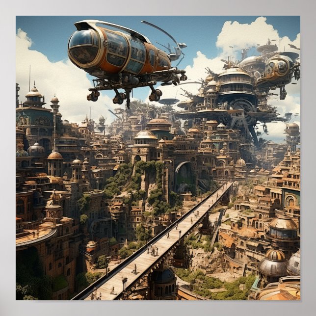 Poster Paysage futuriste : voitures volantes spectaculair (Devant)