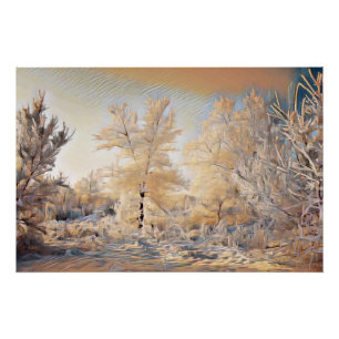 Poster Paysage hivernal avec l'aquarelle des arbres neigé