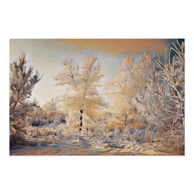Poster Paysage hivernal avec l'aquarelle des arbres neigé (Devant)