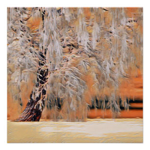 Poster Paysage hivernal avec l'aquarelle des arbres neigé