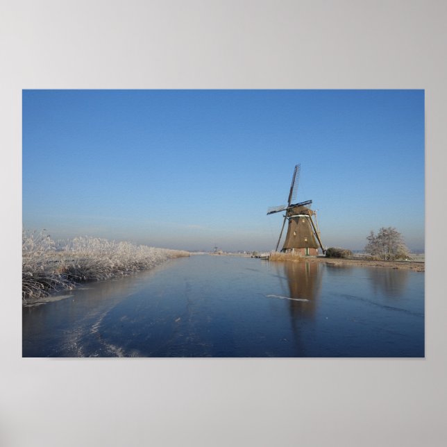 Poster Paysage hivernal avec moulin à vent et glace (Devant)
