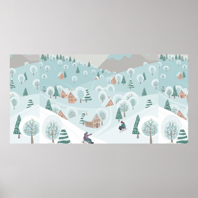 Poster Paysage hivernal avec neige, arbres et enfants (Devant)