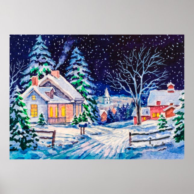 Poster Paysage hivernal enneigé. Maison de campagne. Noël (Devant)