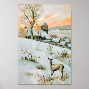 Poster Paysage hivernal vintage de neige avec cerf