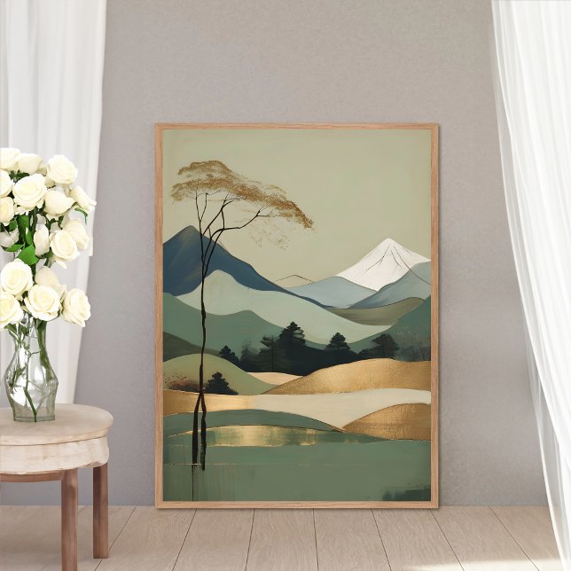 Poster Paysage Japandi Gold & Green Mountain (Créateur téléchargé)