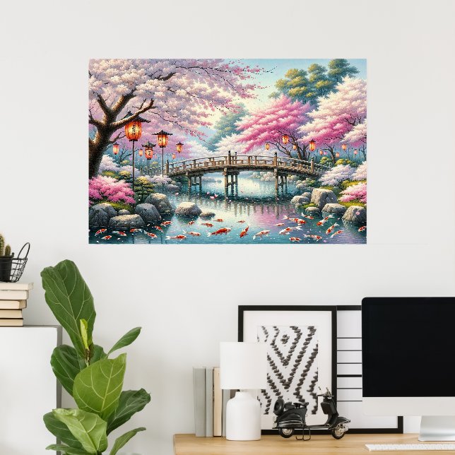 Poster Paysage japonais avec Pont, Koi et Sakura (Bureau à domicile)