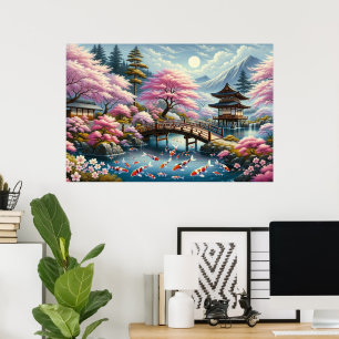 Poster Paysage japonais avec Pont, Koi et Sakura