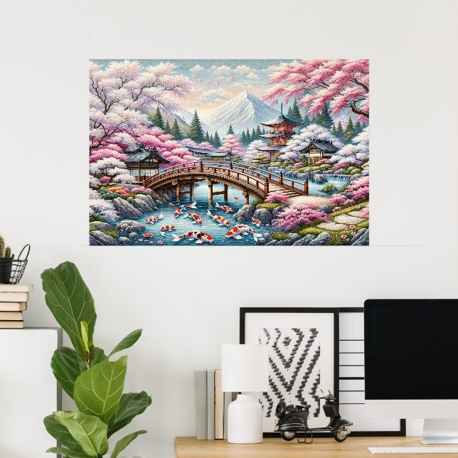 Poster Paysage japonais avec Pont, Koi et Sakura (Bureau à domicile)