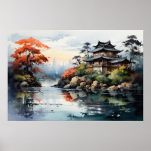Paysage japonais d'aquarelle Lac d'automne