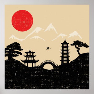 Poster Paysage japonais - Style Grunge