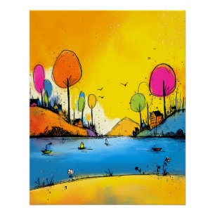 Poster Paysage lacustre coloré dans le style cartoon Pop