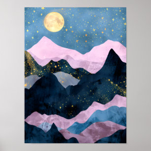 Poster Paysage lunaire minimaliste étoilé de montagne et 