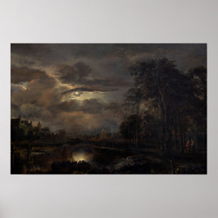 Poster Paysage Lune avec Pont par Aert van der Neer