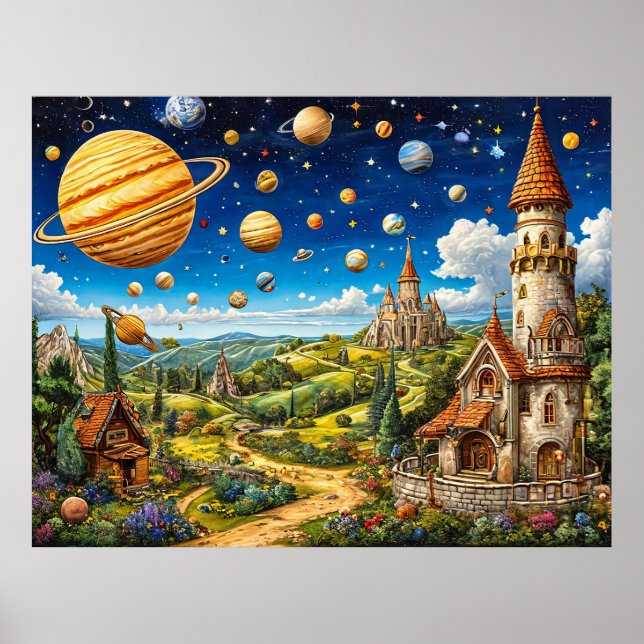 Poster Paysage magique avec châteaux et espace extra-atmo (Devant)