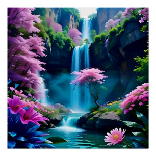 Poster Paysage magique Cascade et Fleur One