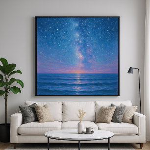 Poster Paysage marin nocturne étoilé - Style de peinture