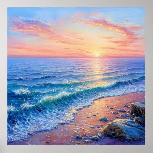 Poster Paysage marin océanique au coucher de soleil doré,