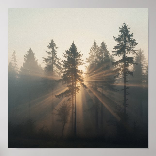 Poster Paysage matinal de forêt brumeuse (Devant)