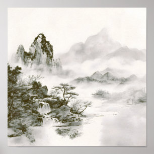Poster Paysage minimaliste de montagne zen à l'encre brum