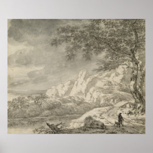 Poster Paysage montagneux avec un randonneur