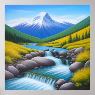 Poster Paysage montagneux serein avec ruisseau en cascade