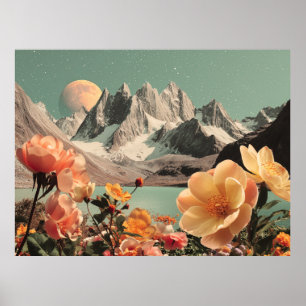 Poster Paysage Montagneux Surréaliste Avec Fleurs en Fleu
