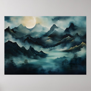 Poster Paysage mystique : Montagnes Lumineuses, Brume, Ri