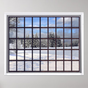 Poster Paysage neigeux Faux Fenêtre de scène hivernale