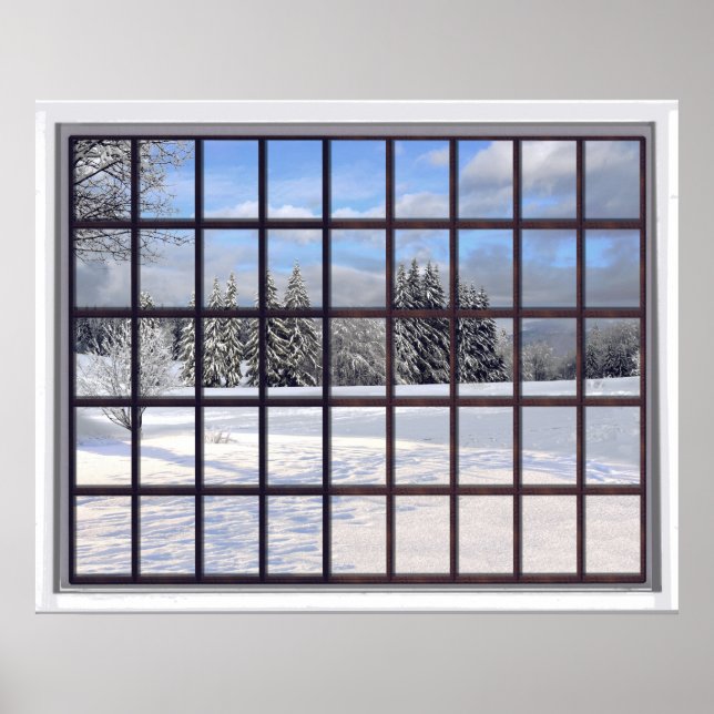 Poster Paysage neigeux Faux Fenêtre de scène hivernale (Devant)