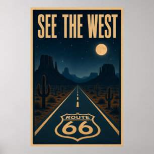 Poster Paysage nocturne de la route 66 désertique vintage