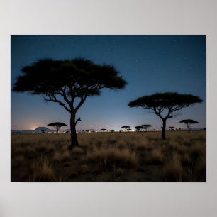 Poster Paysage nocturne de la savane africaine avec des a