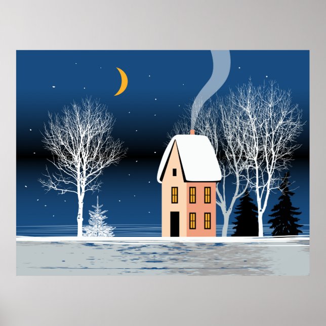Poster Paysage nocturne d'hiver. Maison cosy, divers arbr (Devant)
