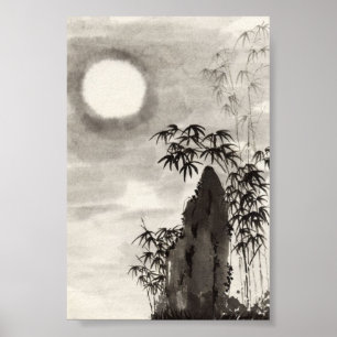 Poster paysage nocturne japonais sumi-e clair de lune