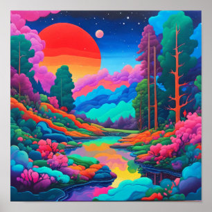Poster Paysage psychédélique art vert rose