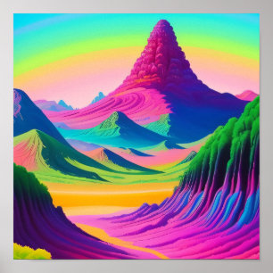 Poster Paysage Psychédélique Rose Vert Art Montagne