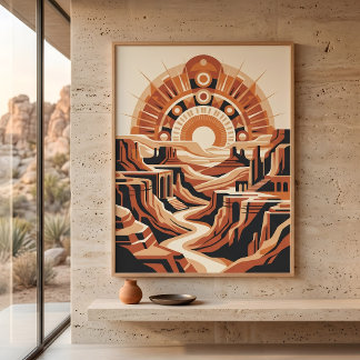 Poster Paysage Rétro Soleil Couchant Canyon Désertique en