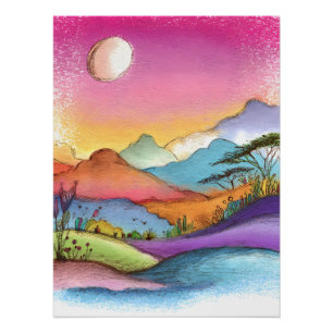 Poster Paysage rêveur avec lune, montagnes et lac