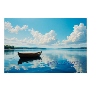 Poster Paysage serein de lac avec rangée de bateau en boi