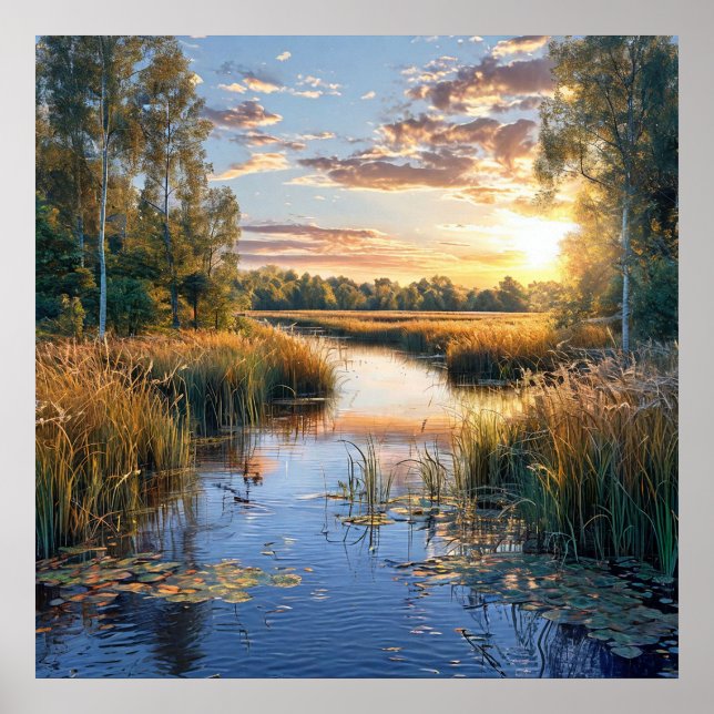Poster Paysage serein du lac de la forêt, reflets de la n (Devant)