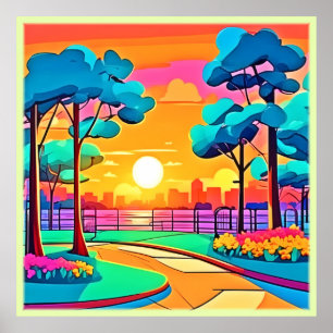 Poster Paysage urbain animé du coucher de soleil