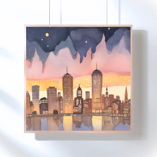 Poster Paysage urbain au coucher du soleil   Peinture à l