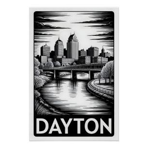 Poster Paysage urbain de Dayton Ohio Noir Blanc Gravure s
