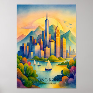 Poster Paysage urbain de Hong Kong à l'aquarelle Voyage